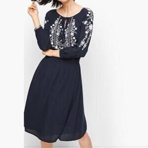 Talbots Navy Cotton Gauze Embroidered Boho Peasant Dress L